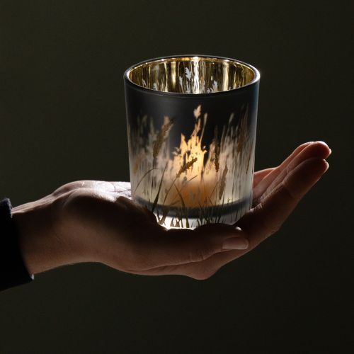 Artikel Deko Windlicht aus Glas im Gräserdesign in Blau mit Gold für stimmungsvolle Teelichtdekoration  8 cm, 4er-Set