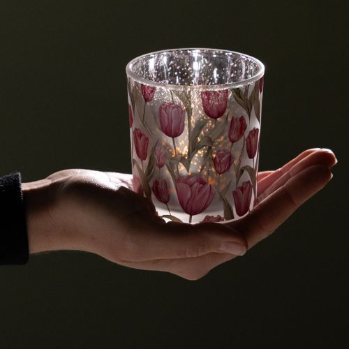 Artikel Deko Windlichter aus Glas mit rosa Tulpenmotiv im 4er Set – Perfekt für frühlingshafte Akzente