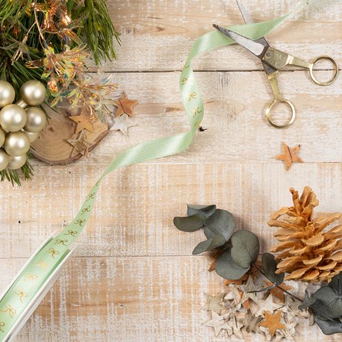 Dekoband Polyester mintgrün mit goldenen Schleifen 15mm x 18m auf Rolle | Floristik21.de