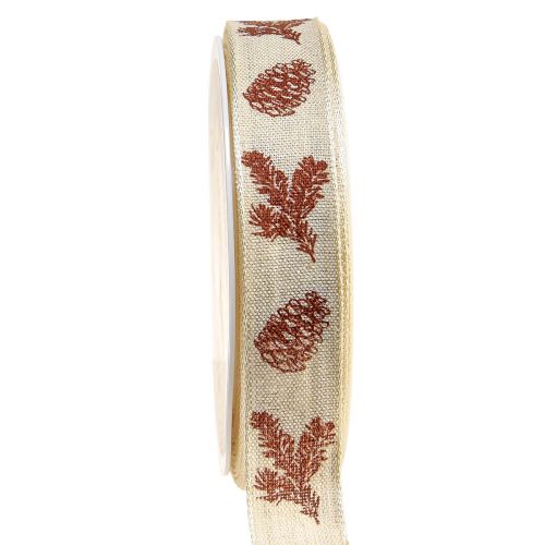 Floristik21 Dekoband Zapfen mit Drahtkante Creme Braun B25mm L18m