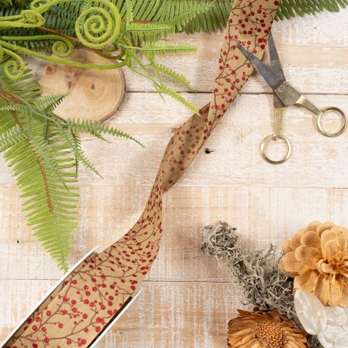 Dekoband Stoff Beige Zweige Rote Glitterbeeren 40mm 15m für Innenbereich | Floristik21.de
