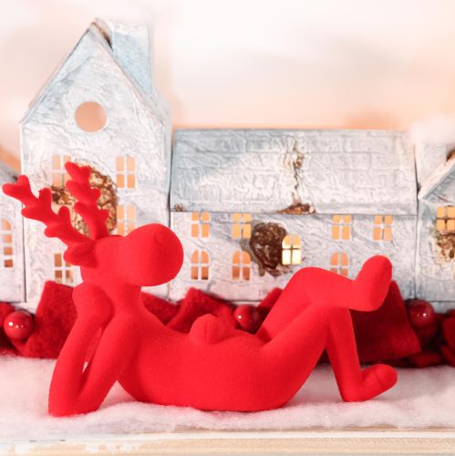 Dekofigur Rentier Kunststoff beflockt Rot liegend 24cm 2er-Set | Floristik21.de