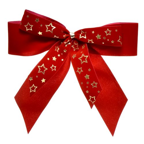Floristik21 Dekoschleife 4cm breit Rote Weihnachtsschleife mit goldenen Sternen Handgefertigte Schleife 16×15cm 2St