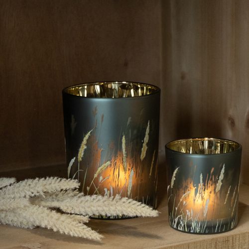 Artikel Deko Windlicht aus Glas im Gräserdesign in Blau mit Gold für stimmungsvolle Teelichtdekoration  8 cm, 4er-Set