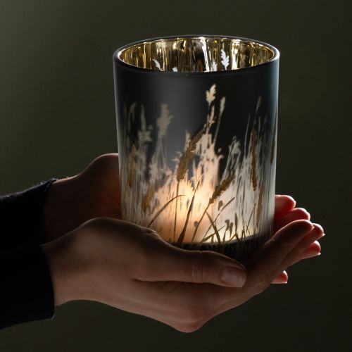 Artikel Glas Windlicht mit Gräsermotiv Blau Gold 12,5 cm 2er-Set für stimmungsvolle Deko