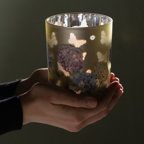 Artikel Windlicht Glas 12,5cm mit Hydrangea-Motiv und goldener Innenfläche