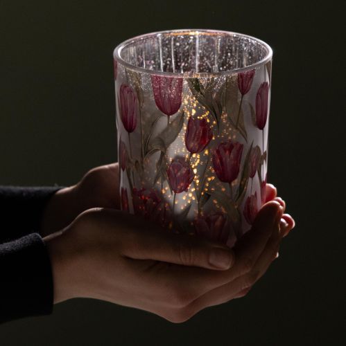 Artikel Windlicht Glas Tulpenmotiv 12,5cm Rosa Weiß, 2er-Set, Frühlingsdekoration