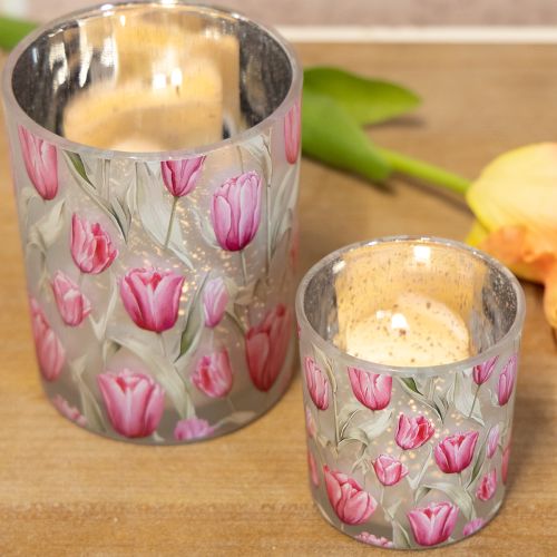 Artikel Windlicht Glas Tulpenmotiv 12,5cm Rosa Weiß, 2er-Set, Frühlingsdekoration