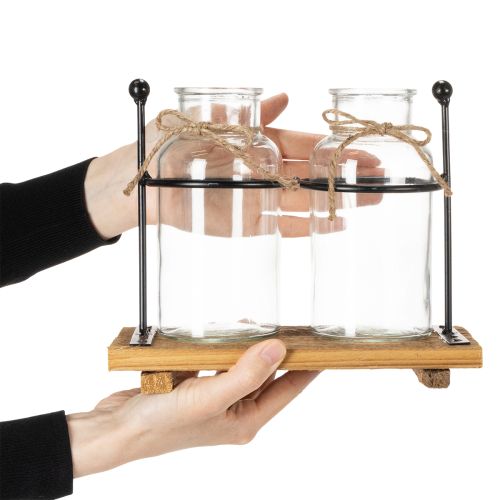Flaschenvase Glas Holz Vintage Retro Deko Tischdekoration 23x12x19,5cm | Floristik21.de