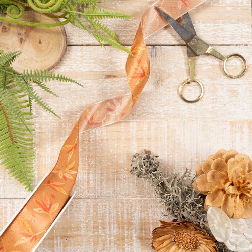 Artikel Geschenkband 25mm 18m Kunstseide Herbstfarben mit Blättermotiv