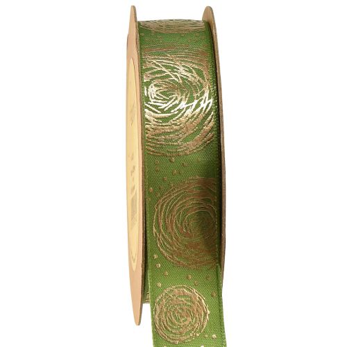 Floristik21 Geschenkband mit goldenen Rosen Grünes Schmuckband 25mm 15m