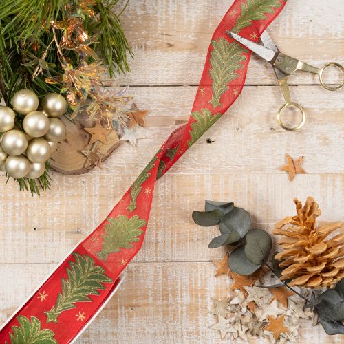 Stoff-Geschenkband Tannenbaum und Sterne 40mm x 15m Rot-Grün-Gold | Floristik21.de