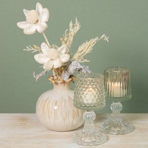 Artikel Elegante Glas-Teelichthalter mit Fuß im 2er-Set – dekorative Punkte & Rillen, Höhe 15 cm