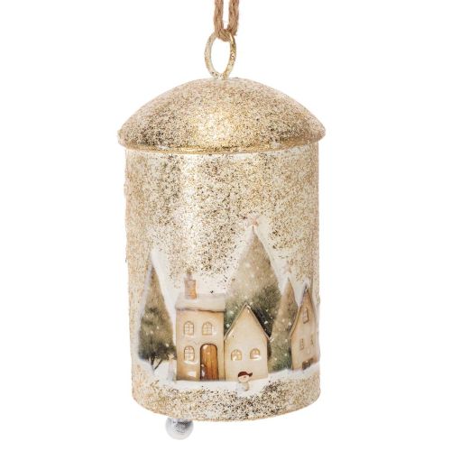 Metall-Weihnachtsglocke mit Winterdorf-Motiv, 20 cm hoch, Weiß-Gold, dekoratives Aufhängen