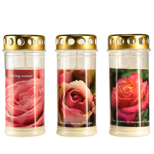 Floristik21 Grabkerzen mit Rosen Motiv Grabschmuck Ø7cm H18cm 3St