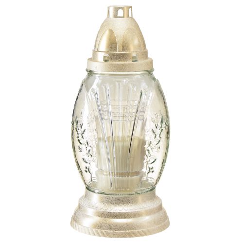 Floristik21 Grablicht Glas Vase Retro Grablaterne Klar Weiß Gold Ø11cm H26,5cm