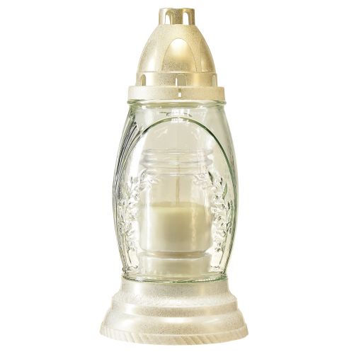 Floristik21 Grablicht Glas Vase Retro Grablaterne Klar Weiß Gold Ø11cm H26,5cm