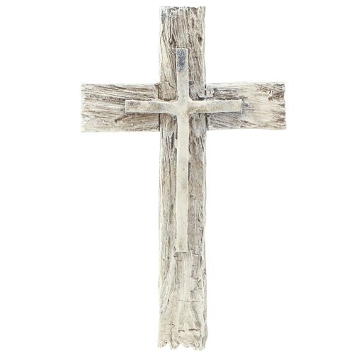 Floristik21 Grabschmuck Kreuz rustikal Grau Weiß Polyresin 12×7cm 6St