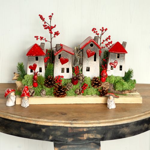 Floristik21 Romantische Keramik-Häuser mit Herzmotiv – Rot & Naturtöne, 11cm – Liebevoll gestaltete Winterdeko – 3St