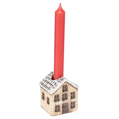 Kerzenständer aus Keramik in Hausform mit Schnee, 7 cm, 2 Stück, rot und beige | Floristik21.de