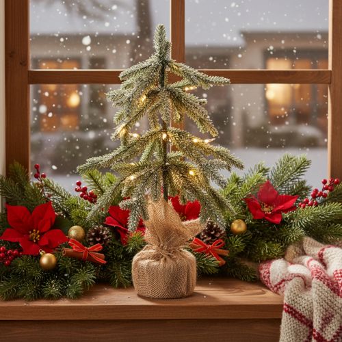 Kunstpflanze Tannenbaum 50cm beschneit LED Jutesack innen Batteriebetrieben | Floristik21.de