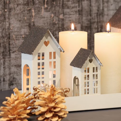 Lichthaus Set aus Metall mit 3 Häusern auf Tablett, Grau, 35 cm | Floristik21.de
