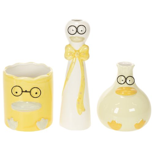 Keramik-Entenfiguren-Set 25 cm, Gelb/Weiß, mit Brille, 3-teilig