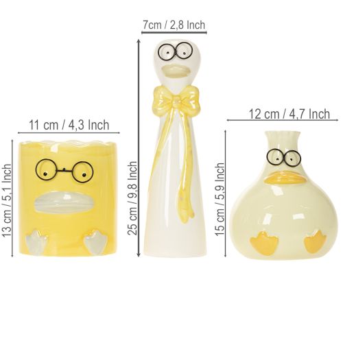 Keramik-Entenfiguren-Set 25 cm, Gelb/Weiß, mit Brille, 3-teilig | Floristik21.de