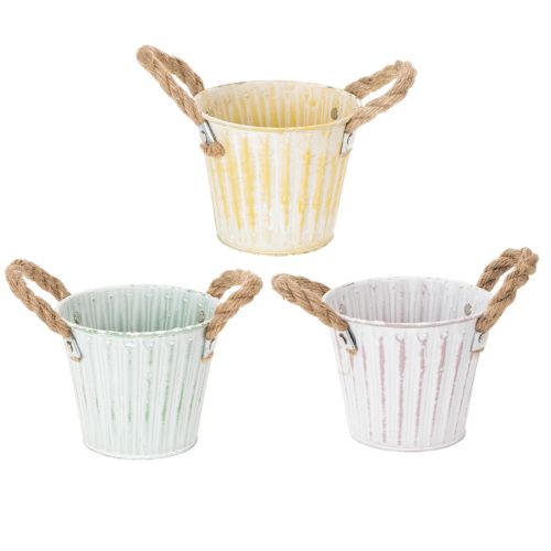 Artikel Pflanzeimer, Metalltopf mit Henkeln, Dekogefäß zum Bepflanzen Rosa/Grün/Gelb Shabby Chic Ø12cm H10cm 3er-Set