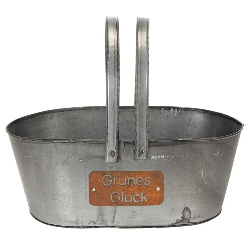Pflanzkorb “Grünes Glück”, Metalldeko zum Bepflanzen, Gartendeko Silbern, Edelrost L40cm H15cm | Floristik21.de