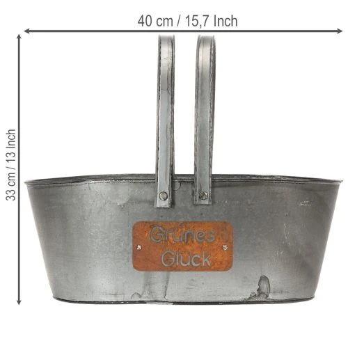 Pflanzkorb “Grünes Glück”, Metalldeko zum Bepflanzen, Gartendeko Silbern, Edelrost L40cm H15cm | Floristik21.de