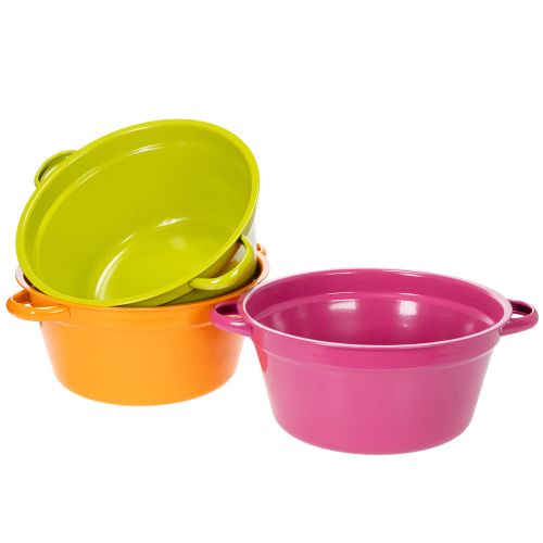 Pflanzschalen Set 25cm aus Blech mit Henkel in Rosa, Orange und Grün für Frühlingsdekoration