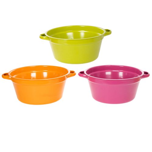 Artikel Pflanzschalen Set 25cm aus Blech mit Henkel in Rosa, Orange und Grün für Frühlingsdekoration