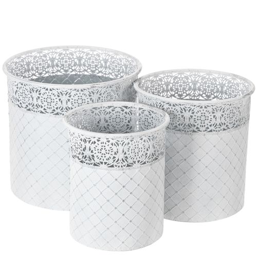 Pflanztopf mit Spitzenmuster, Gefäß aus Metall, Dekoeimer Weiß, Silbern Shabby Chic H28/25,5/23,5cm Ø29,5/25,5/20cm 3er-Set einkaufen | Floristik21.de