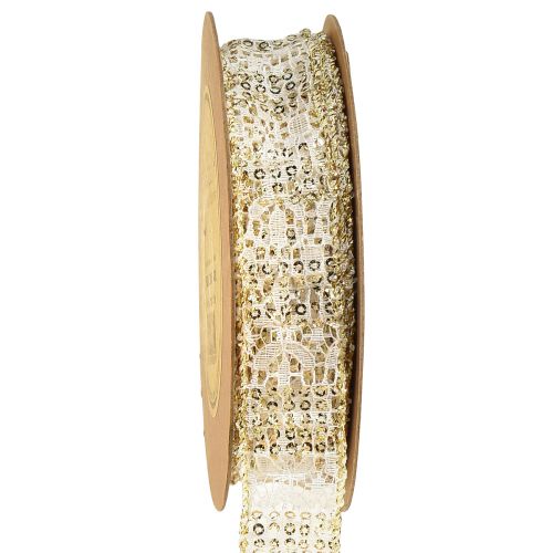 Floristik21 Spitzenband Weiß mit Gold-Akzenten Dekoband Spitze 25mm 15m
