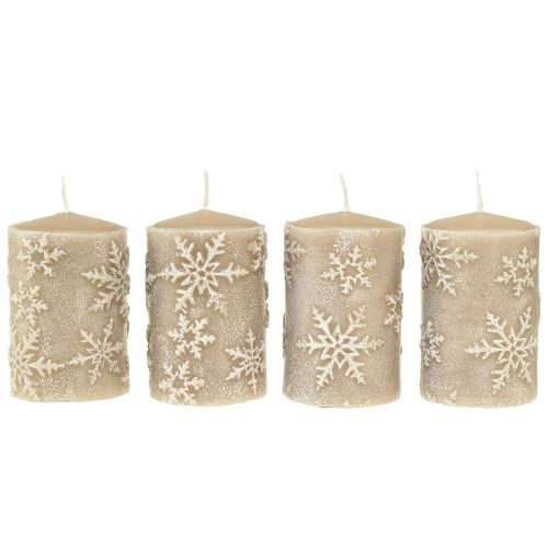 Floristik21 Stumpenkerzen Beige Kerzen Schneeflocken 100/65mm 4 St