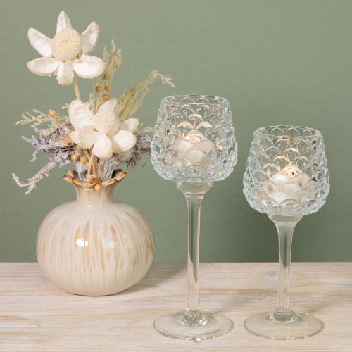 Artikel Teelichthalter Set aus Glas mit Zapfenoptik und Fuß, 19,5 cm und 22,5 cm hoch, 2-teilig