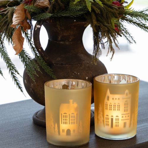 Artikel Windlicht "City Glow" Glas gold-silber Stadtsilhouette festlich H12,5cm Set 4
