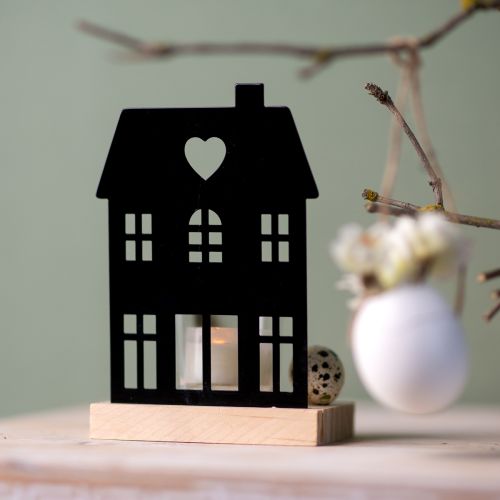 Floristik21 Windlicht Haus Metall Schwarz mit Holz Sockel H15cm 2St