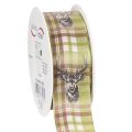 Floristik21 Dekoband Stoff 40mm x 15m Karomuster Grün Braun Beige Hirschmotiv