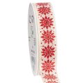 Floristik21 Dekoband mit Drahtkante Schneeflockenmotiv Weiß Rot 25mm x 20m