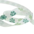 Floristik21 Dekorationsband mit Schneeflocken Weiß, Grün 15mm 15m