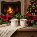 Kaffeetassen aus Keramik 9cm Rot-Weiß Strickmuster Herzmotiv 2er-Set | Floristik21.de