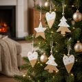 Weihnachtsschmuck Holz Stern Baum Herz 6 St Weiß Gold Deko Anhänger | Floristik21.de