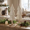 Filz-Tannenbaum mit Herz in Creme-Beige, natürlicher Holzsockel, 35cm, 2er Set | Floristik21.de