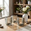 Teelichthalter Glas Grau, 8cm, 6 Stück, mit Rillenstruktur | Floristik21.de
