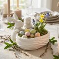 Hasen mit Nest, Tischdeko, Osternest, Porzellandeko, Deko-Schale Weiß L15cm H11cm | Floristik21.de