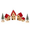Floristik21 Holz-Dekohaus-Set mit roten Dächern und Tannenbäumen, 12 cm, 6-tlg
