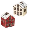 Floristik21 Kerzenständer aus Keramik in Hausform mit Schnee, 7 cm, 2 Stück, rot und beige