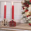 Kerzenständer aus Keramik in Hausform mit Schnee, 7 cm, 2 Stück, rot und beige | Floristik21.de